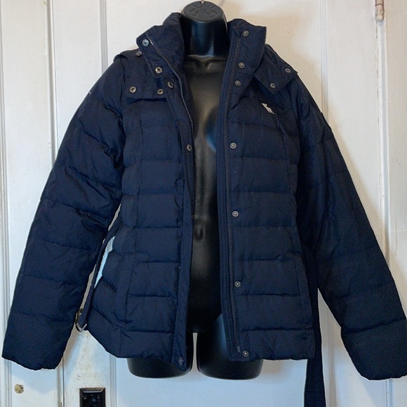 Abercrombie & Fitch Navy Blue Belted Hooded Down Puffer Jacket Size L - Picture 14 of 16